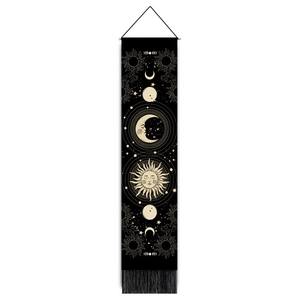 Vertical zodiac canvas banner with celestial sun, moon phases and black tassels decor