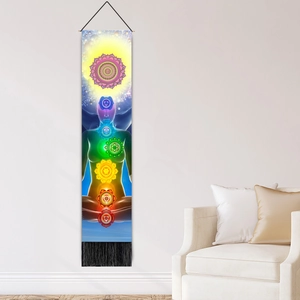 Vertical meditation tapestry with chakra symbols and black tassels for wall decor