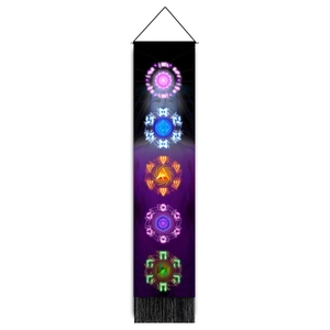 Vertical chakra meditation tapestry with five glowing symbols and black bottom fringe