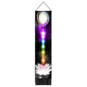 Meditation energy chakra wall tapestry with colorful lotus and black fringe for yoga decor