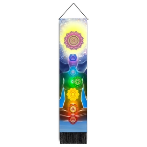 Chakra meditation tapestry with colorful energy symbols and celestial stars background detail