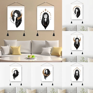 Minimalist Goddess Moon Phase Tapestry Wall Hanging Polyester Cotton With Wood Rod Tassels Mystical Celestial Art Decor