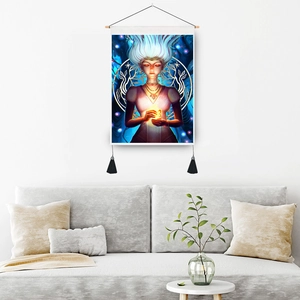 Mystical goddess moon phase wall tapestry with white hair girl art for living room decor
