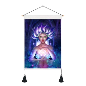 Mystical girl moon phase tapestry with wooden hanging rod and black decorative tassels