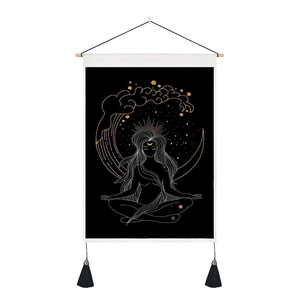 Bohemian wall tapestry with meditating girl, crescent moon, and stars on black background