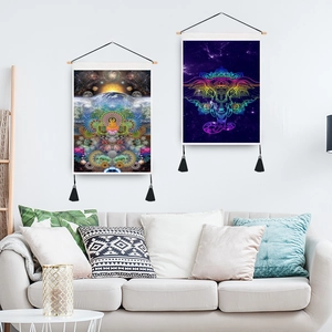Mandala Indian Elephant Tapestry wall hanging with wooden rod and black tassels