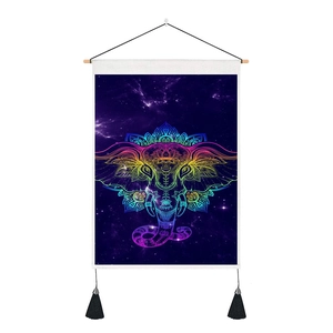 Colorful mandala elephant tapestry with starry sky background and black tassels