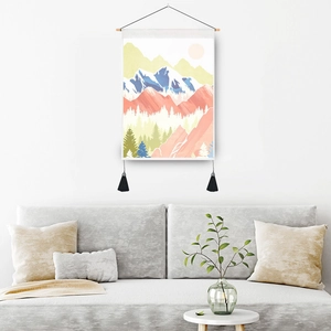 Nordic sunrise landscape wall tapestry with wooden rod, tassels, and abstract mountain art