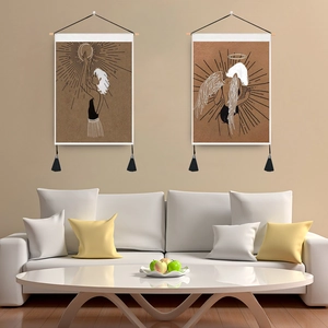 Minimalist Line Art Woman Wall Hanging Tapestry With Wood Rod And Tassel Decoration Polyester Cotton Fabric For Bedroom