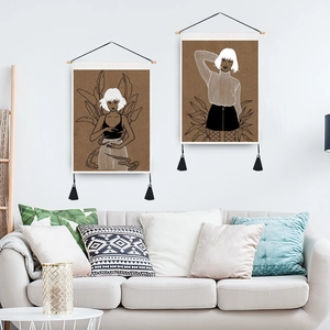 Bohemian wall tapestry set with minimalist female line art and wooden hanging scroll