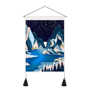 Nordic sunrise landscape tapestry wall hanging with starry sky, lake, and wooden rod