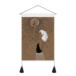 Artistic white-haired girl tapestry with moon illustration, wooden rod and black tassels