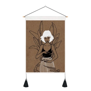 Detail of artistic tapestry featuring a girl with white hair and tropical banana leaves