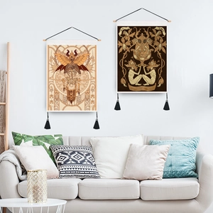Vintage golden mushroom wall tapestry set with wooden hanging poles and elegant black tassels