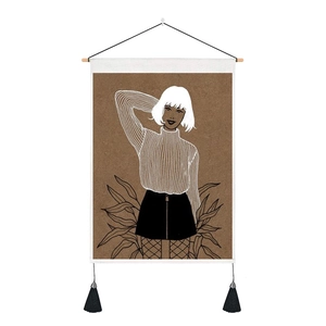 Minimalist white-haired girl tapestry with wooden bar and hanging tassels for wall decor