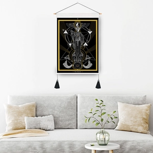 Modern Magus tarot wall tapestry with gold details and black tassels for home decor