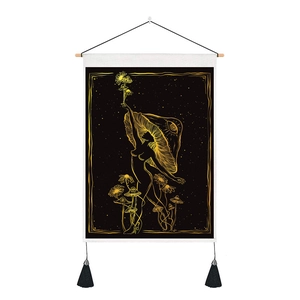 Golden mushroom art tapestry with celestial female figure and wood hanging scrolls