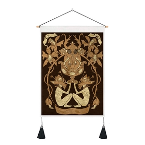 Golden mushroom vintage tapestry wall hanging with wooden pole and black tassels
