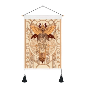 Detailed close-up of golden mushroom wall tapestry with wooden hanger and black tassels