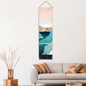 Nordic abstract landscape wall tapestry with sunrise mountains and black tassels