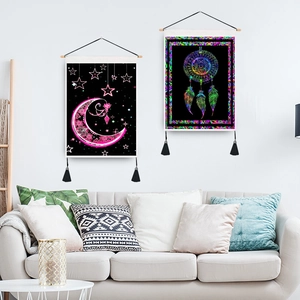 Bohemian wall tapestry with pink mandala moon and colorful dreamcatcher prints