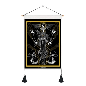 Detail of The Magus Tarot tapestry with gold mushroom accents and black fringe tassels