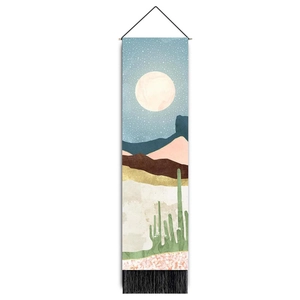 Nordic wall hanging tapestry featuring a desert moon night landscape with black tassels