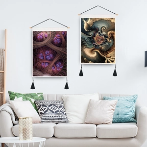 Bohemian abstract geometric tapestry set with wooden hanging rod and black tassels