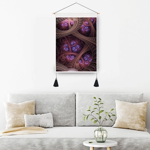Bohemian purple fractal tapestry wall hanging with wooden scroll and black tassels