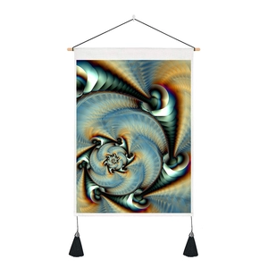Bohemian tapestry with fractal geometric art, wooden pole and tassels for wall decor