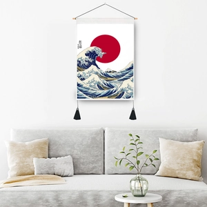 Japanese Ukiyo-e Great Wave wall hanging with red sun and black tassels decor
