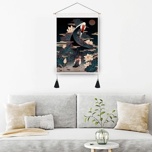 Oriental crane and lotus wall tapestry with wooden rod and black tassels for living room