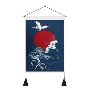 Japanese style wall tapestry with white cranes, sun and pine trees for wall decoration