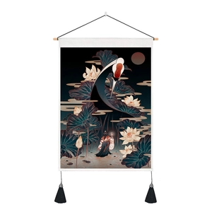 Detail of Chinese tapestry with crane, white lotus, and red moon on wooden scroll