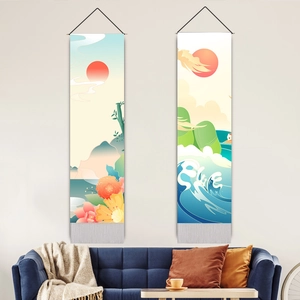 Japanese Ukiyo-e Style Hanging Tapestry Wall Art Polyester Cotton Fabric Painting With Tassel Red Sun Landscape Waves Decoration