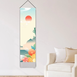 Vertical landscape tapestry with red sun and mountain painting for home wall decor