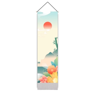 Vertical wall tapestry detail with rising sun, clouds, and floral art on fabric