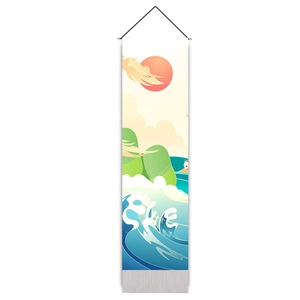 Japanese style tapestry featuring a red sun, mountains, and waves with wooden hanger