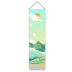 Detail of landscape tapestry featuring green mountains and orange sun with tassel accents