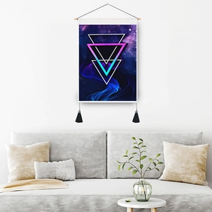 3D space galaxy tapestry with geometric lines, wooden hanger, and black tassels for wall decor