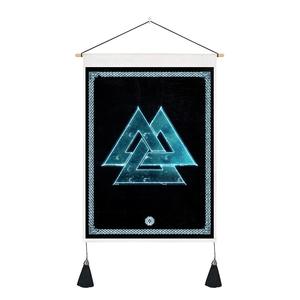 Detail of Valknut tapestry with blue glowing symbol, wooden rod and black tassels