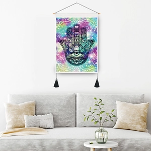 Hamsa Hand mandala tapestry with purple watercolor design and tassels for home wall decor