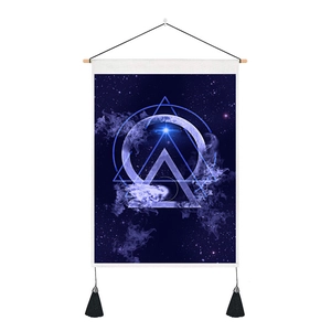 Detail of 3D space tapestry with geometric stars and nebula on a hanging wooden scroll