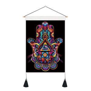 Colorful Hamsa Hand tapestry with all-seeing eye and tassels for wall decoration