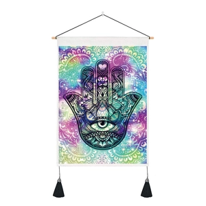 Detail of Hamsa Hand tapestry with mandala pattern and purple star sky gradient style