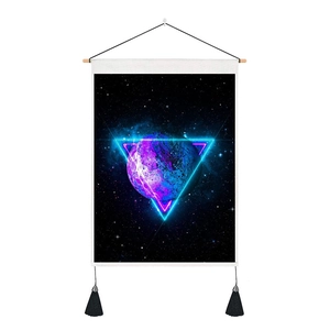 Modern sci-fi space tapestry with neon planet rings and black decorative tassels