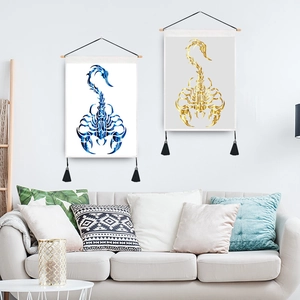 Set of two Nordic style scorpion tapestries with wooden hangers and black tassels