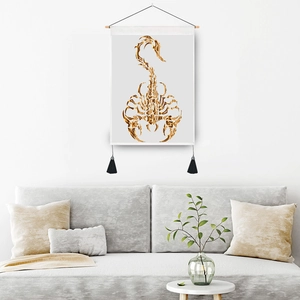 Golden Scorpio scorpion wall tapestry with wooden hanger and black tassels for home decor