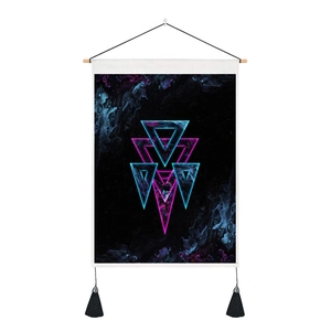 Detail of 3D sci-fi space tapestry with neon triangles, celestial nebula and black tassels