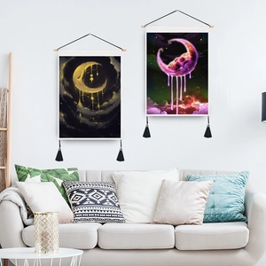 Vertical wall tapestries with crescent moon digital prints and elegant bottom tassels